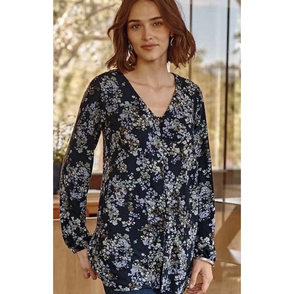 J.Jill Black‎ Floral Tunic Blouse Lavender Print Long Sleeve Relaxed Fit